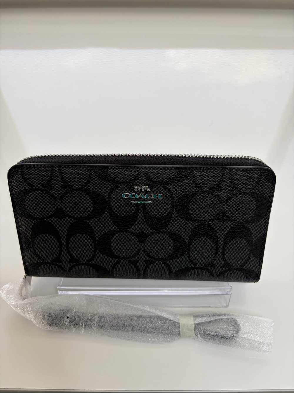 Coach Black Signature Long Zip Wallet with Silver Logo
